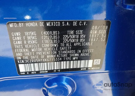 2019 Honda Hr-V Sport from USA, damaged, VIN 3CZRU5H1XKG715334